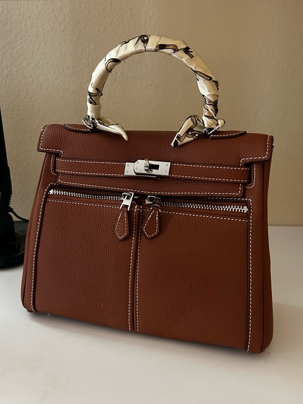 25cm Double Front Pocket Brown Leather Satchel with Scarf-Wrapped Handle